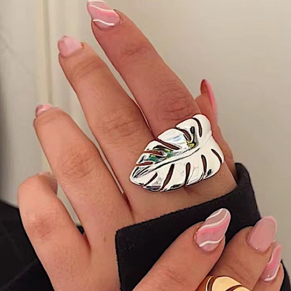 Silver Feather Leaf Leaves Ring Adjustable Stainless Steel Gold Plated